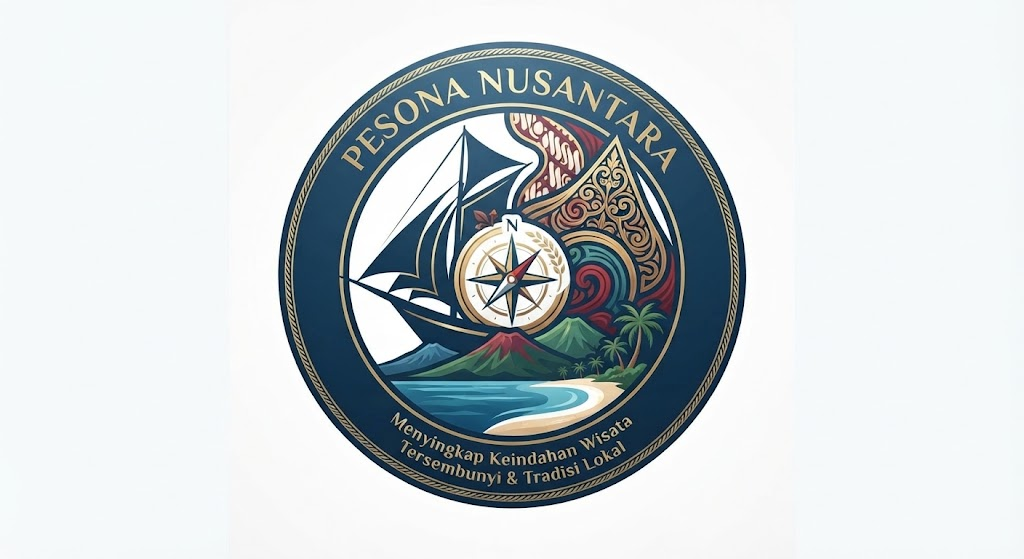Logo Pesona Nusantara: Lingkaran biru tua dengan aksen emas, menampilkan perahu layar tradisional, kompas, gunung, pantai, dan pola batik, serta teks 'PESONA NUSANTARA' dan 'Menyingkap Keindahan Wisata Tersembunyi & Tradisi Lokal'.