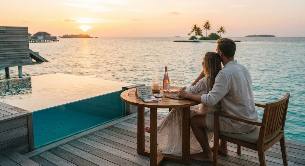 `Pasangan romantis menikmati makan malam dengan pemandangan matahari terbenam di dek vila atas air di Maldives, menampilkan kolam renang pribadi dan laut biru.`